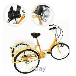 6-Speed 3 Wheel 24 Tricycle Adult Bicycle Trike Seniors Bike with Basket Yellow