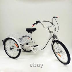 6-Speed Adults Tricycle White 24INCH 3 WHEEL Bicycle Trike With Shopping Basket