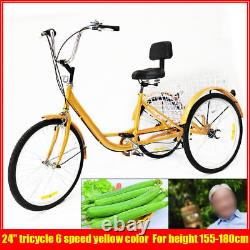 Adult 3-Wheel 6-Speed Tricycle 24 with Basket/Backrest Bicycle Bike YellowithGold