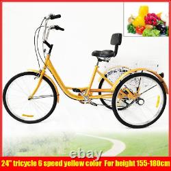 Adult 3-Wheel 6-Speed Tricycle 24 with Basket/Backrest Bicycle Bike YellowithGold