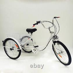 Adult Tricycle 3-Wheel 6-Speed Tricycle 24 with Basket & Lamp Bicycle Bike White