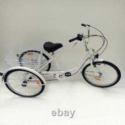 Adult Tricycle 3-Wheel 6-Speed Tricycle 24 with Basket & Lamp Bicycle Bike White