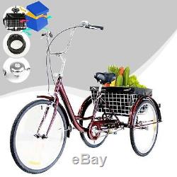 Adult Tricycle Trike 3 Wheel Bike Cruiser 24 withBasket Liner& Comb Lock Red