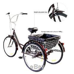 Adult Tricycle Trike 3 Wheel Bike Cruiser 24 withBasket Liner& Comb Lock Red