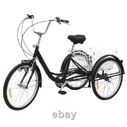 Black Adult Tricycle 24 6 speed 3 wheel Bicycle Trike Bike with Basket & Light