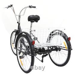 Black Adult Tricycle 24 6 speed 3 wheel Bicycle Trike Bike with Basket & Light