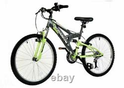 DRB Crossbow Mountain Bike Junior Full Suspension MTB 24 Wheel 6 Spd Grey/Green