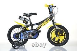 Dino Batman Kids 16in Bike Bicycle With Stabilisers Black Yellow Cycling