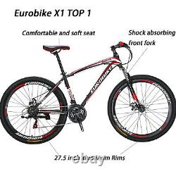 Eurobike Mountain Bike Shimano 21 Speed Bicycle 27.5 for Adult Red Disc Brake